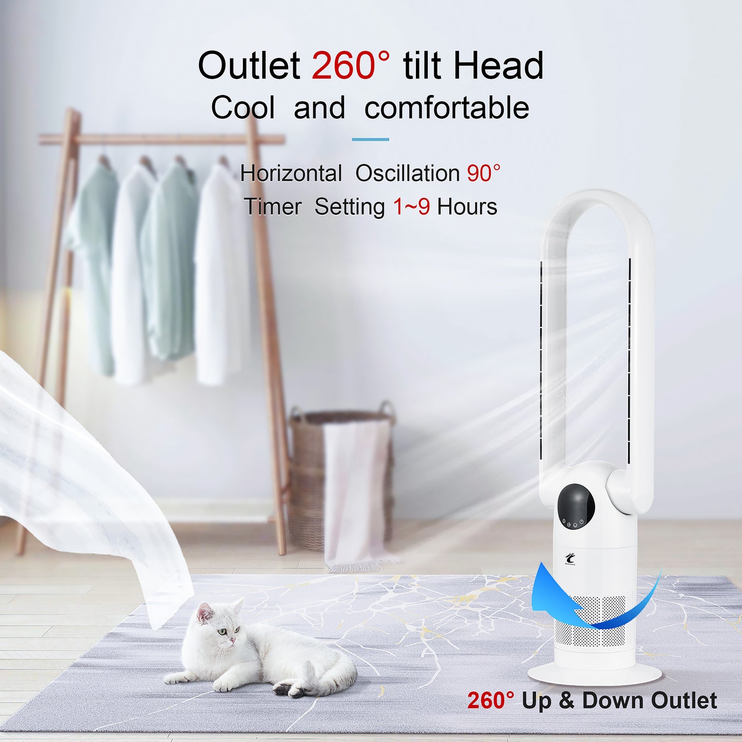 Ocean Loong Bladeless Tower Fan with Air Purifier 120° Oscillating - Quiet Cooling Fan for Bedroom Home Office - 9 Speeds 9Hs Timer Remote Control - 39inch AC68P White