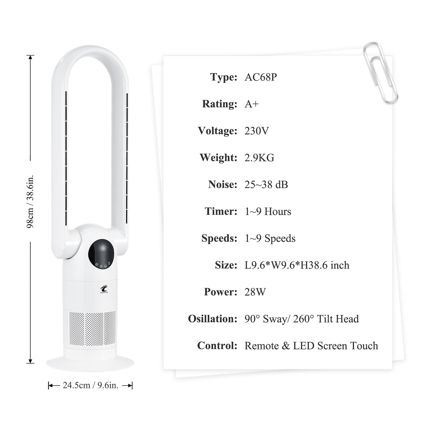 Ocean Loong Bladeless Tower Fan with Air Purifier 120° Oscillating - Quiet Cooling Fan for Bedroom Home Office - 9 Speeds 9Hs Timer Remote Control - 39inch AC68P White