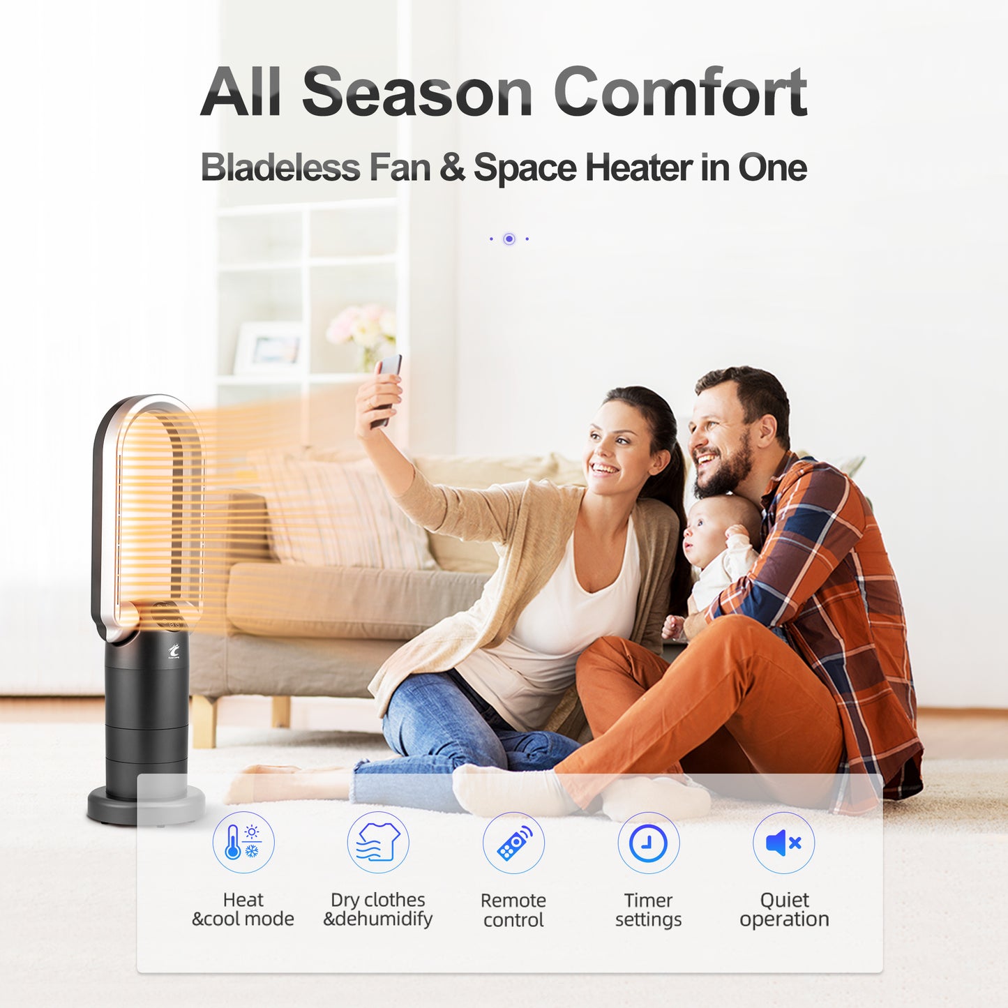 OceanLoong 1500W Bladeless Tower Fan & Space Heater Combo for Home with Remote Control Timer Oscillation - Tip-Over Switch and Adjustable Thermostat - 29” AB01H (Gray)