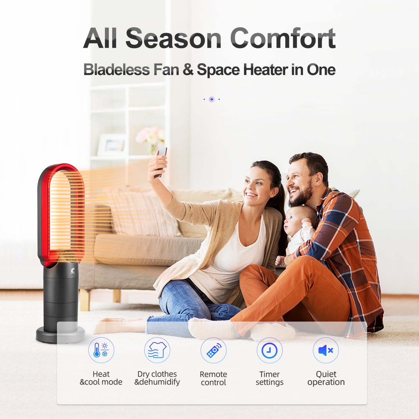 OceanLoong 1500W Bladeless Tower Fan & Space Heater Combo for Home with Remote Control Timer Oscillation Tip-Over Switch and Adjustable Thermostat - 29” AB01H (Red)
