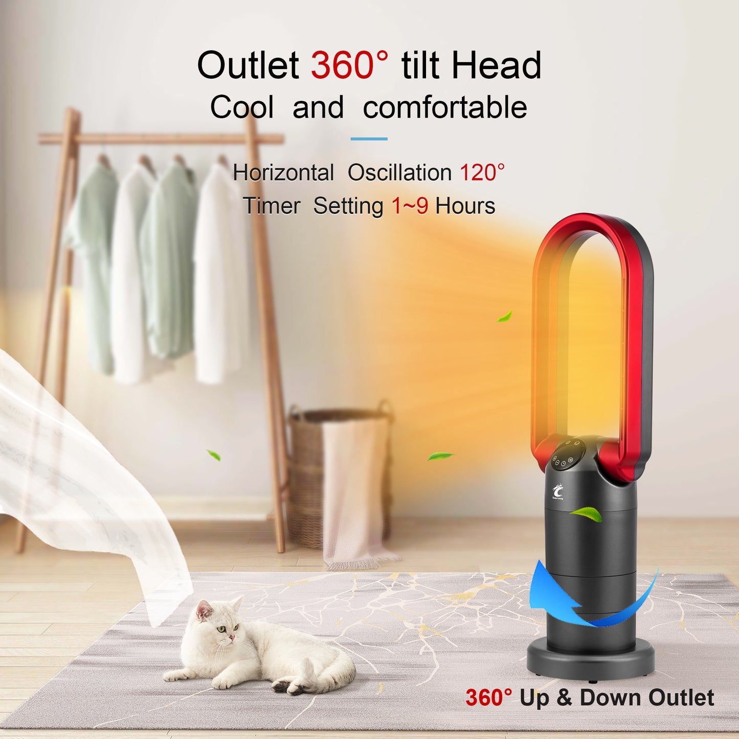 OceanLoong 1500W Bladeless Tower Fan & Space Heater Combo for Home with Remote Control Timer Oscillation Tip-Over Switch and Adjustable Thermostat - 29” AB01H (Red)