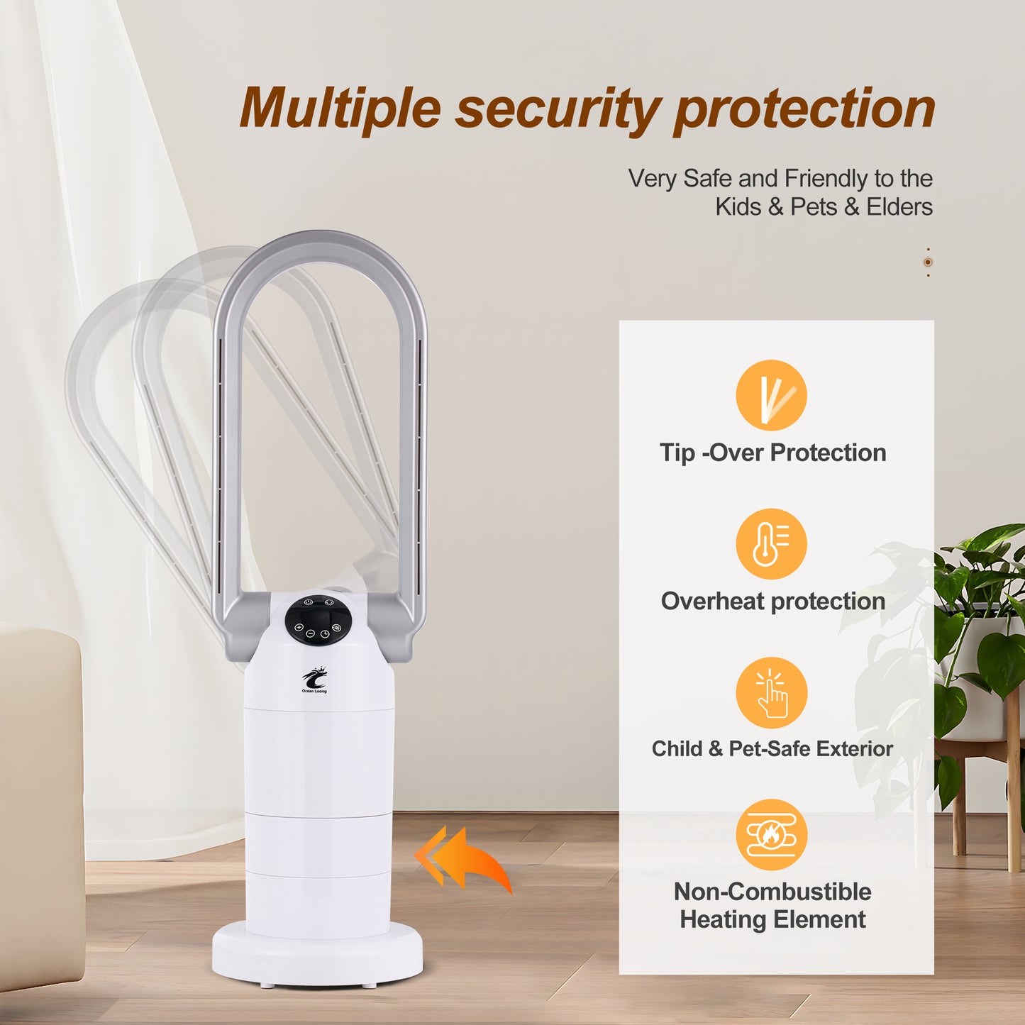 Ocean Loong 1500W Bladeless Tower Fan & Space Heater Combo for Home with Remote Control Timer Oscillation Tip-Over Switch and Adjustable Thermostat - 29” AB01H (White)
