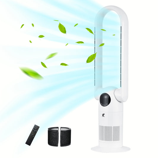 Ocean Loong Bladeless Tower Fan with Air Purifier 120° Oscillating - Quiet Cooling Fan for Bedroom Home Office - 9 Speeds 9Hs Timer Remote Control - 39inch AC68P White