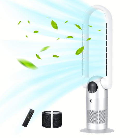 Ocean Loong Bladeless Tower Fan with Air Purifier - 120° Oscillating - Quiet Cooling Fan for Bedroom Home Office 9 Speeds 9Hs Timer - Remote Control - 39inch AC68P Silver