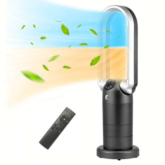 OceanLoong 1500W Bladeless Tower Fan &amp; Space Heater Combo for Home with Remote Control Timer Oscillation - Tip-Over Switch and Adjustable Thermostat - 29” AB01H (Gray)