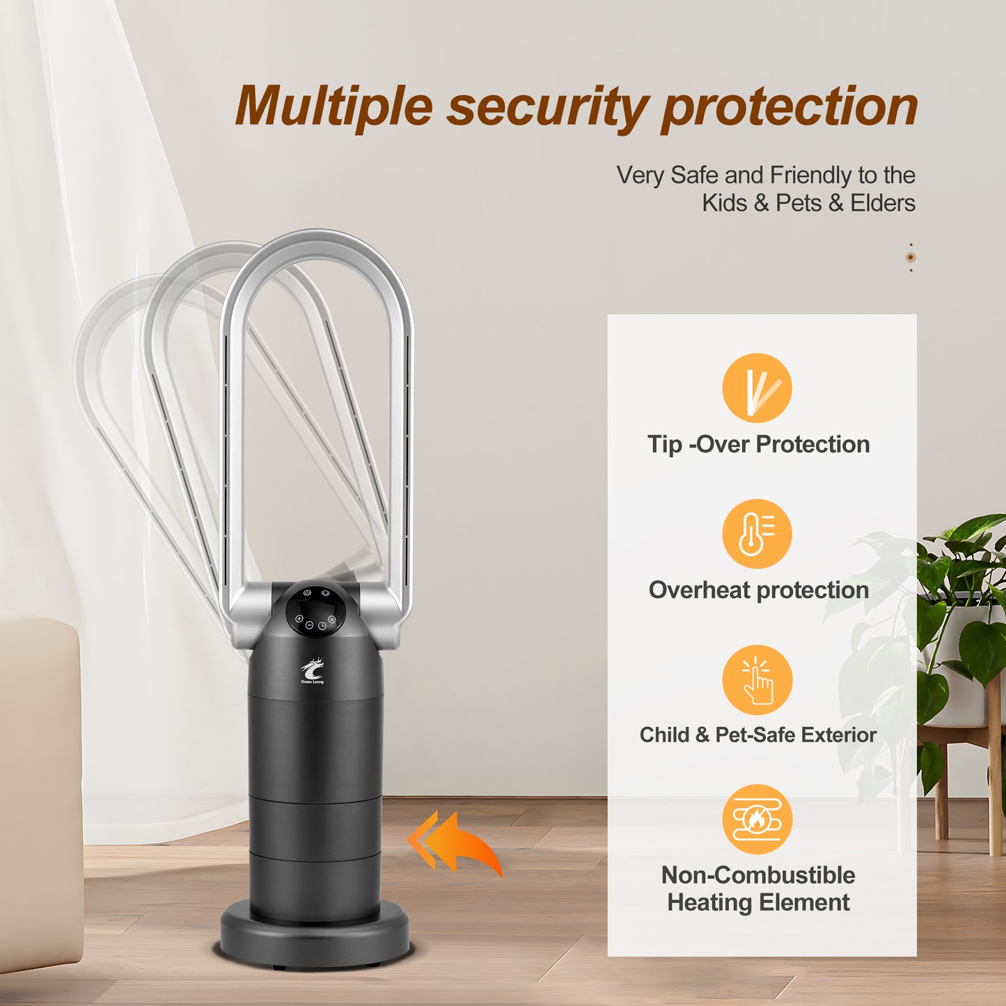 OceanLoong 1500W Bladeless Tower Fan &amp; Space Heater Combo for Home with Remote Control Timer Oscillation - Tip-Over Switch and Adjustable Thermostat - 29” AB01H (Gray)