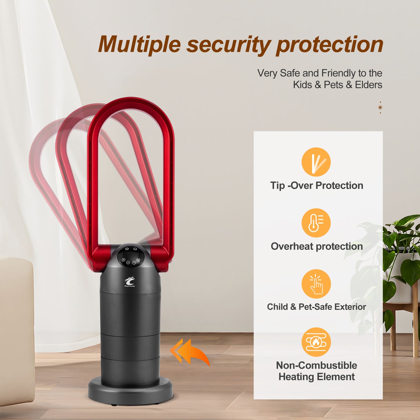 OceanLoong 1500W Bladeless Tower Fan & Space Heater Combo for Home with Remote Control Timer Oscillation Tip-Over Switch and Adjustable Thermostat - 29” AB01H (Red)