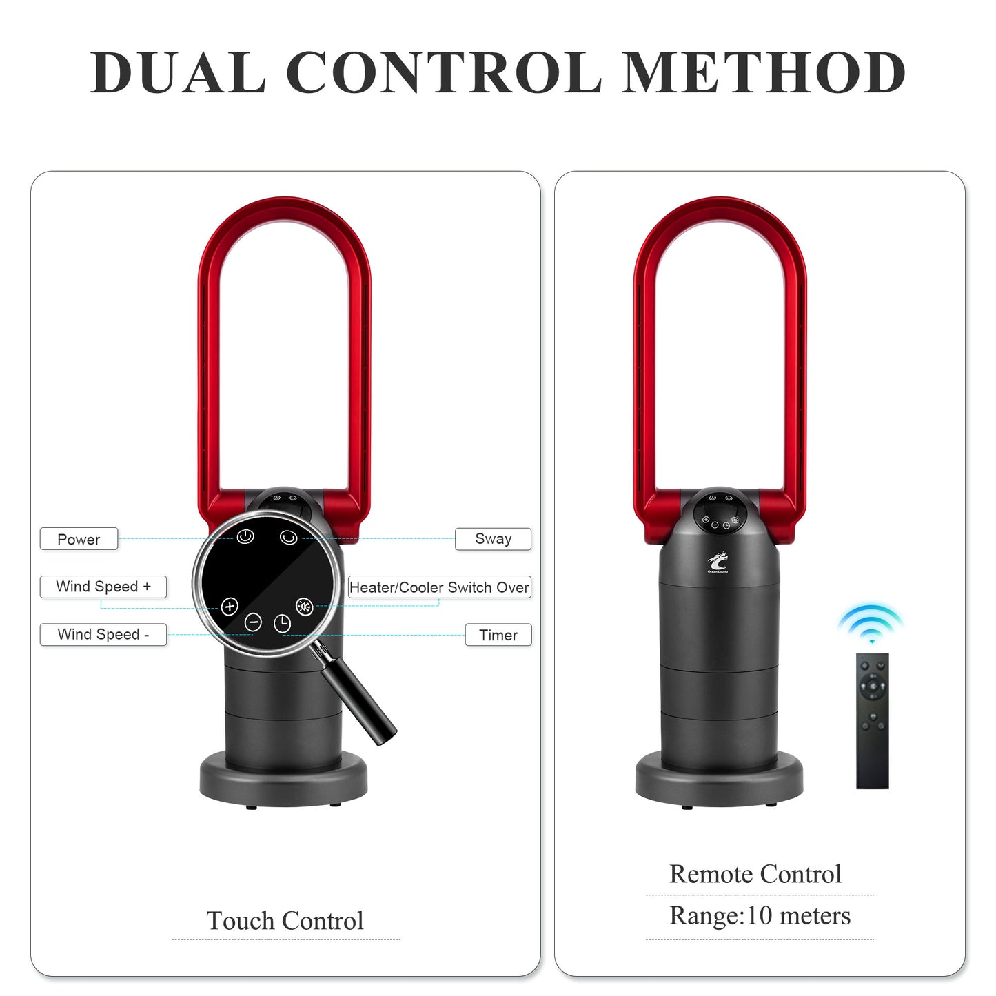 OceanLoong 1500W Bladeless Tower Fan & Space Heater Combo for Home with Remote Control Timer Oscillation Tip-Over Switch and Adjustable Thermostat - 29” AB01H (Red)