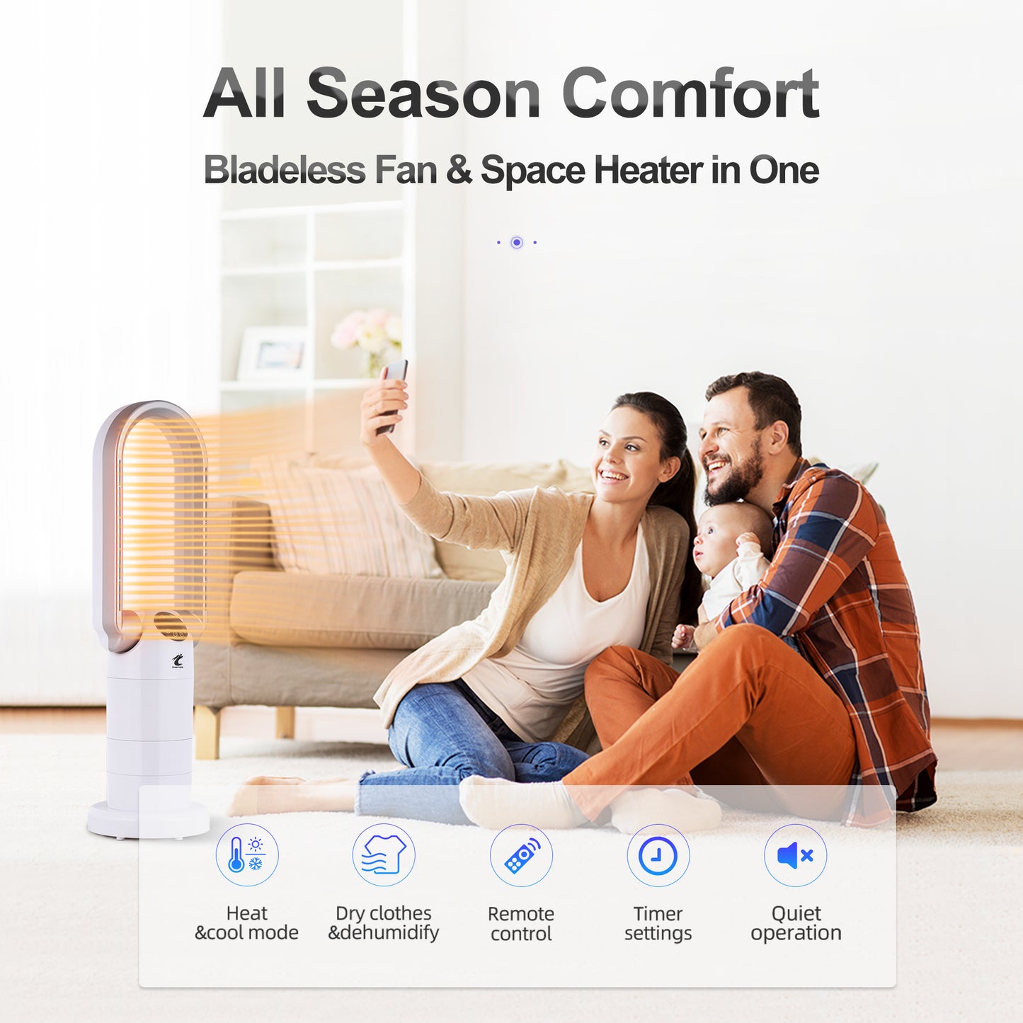 Ocean Loong 1500W Bladeless Tower Fan & Space Heater Combo for Home with Remote Control Timer Oscillation Tip-Over Switch and Adjustable Thermostat - 29” AB01H (White)
