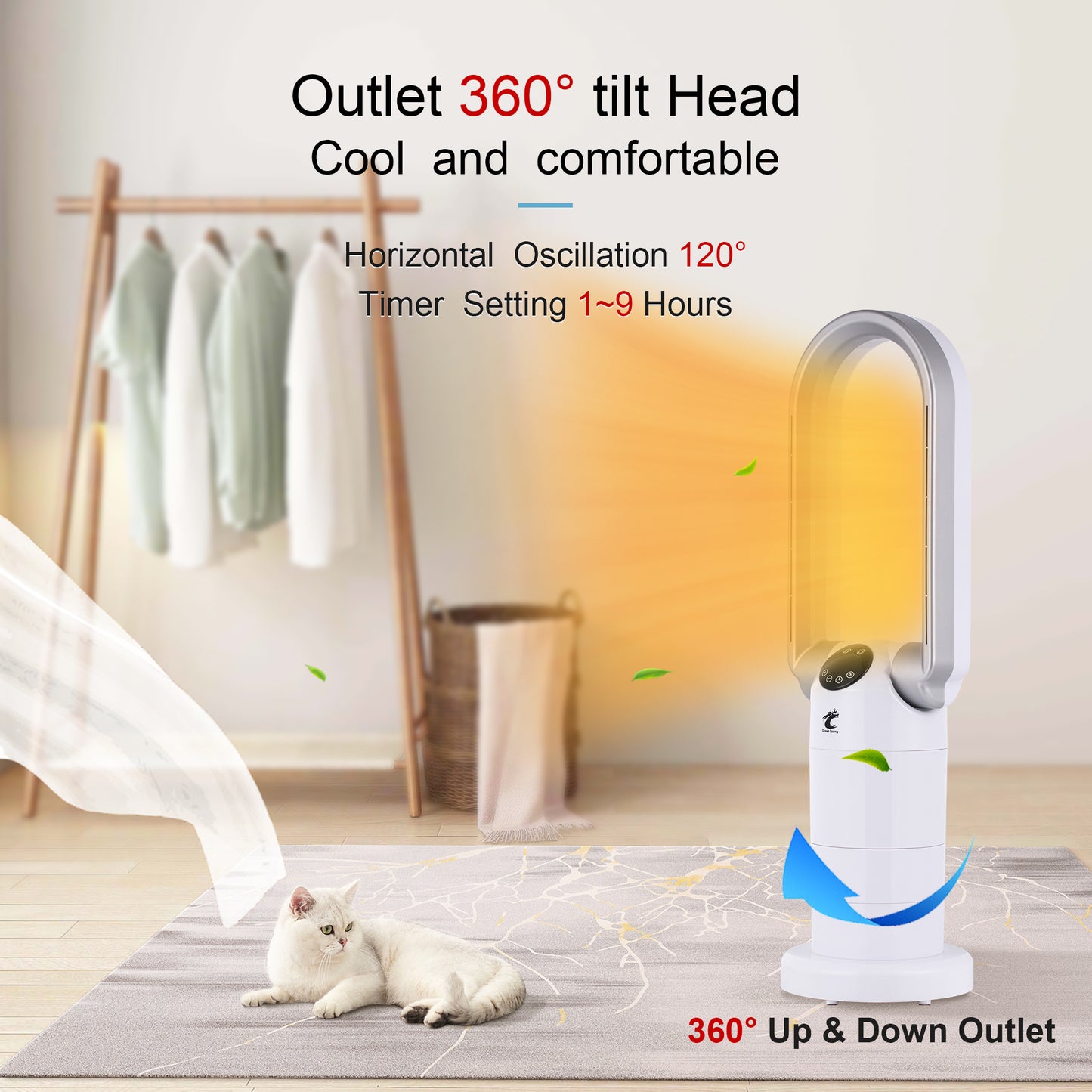 Ocean Loong 1500W Bladeless Tower Fan & Space Heater Combo for Home with Remote Control Timer Oscillation Tip-Over Switch and Adjustable Thermostat - 29” AB01H (White)