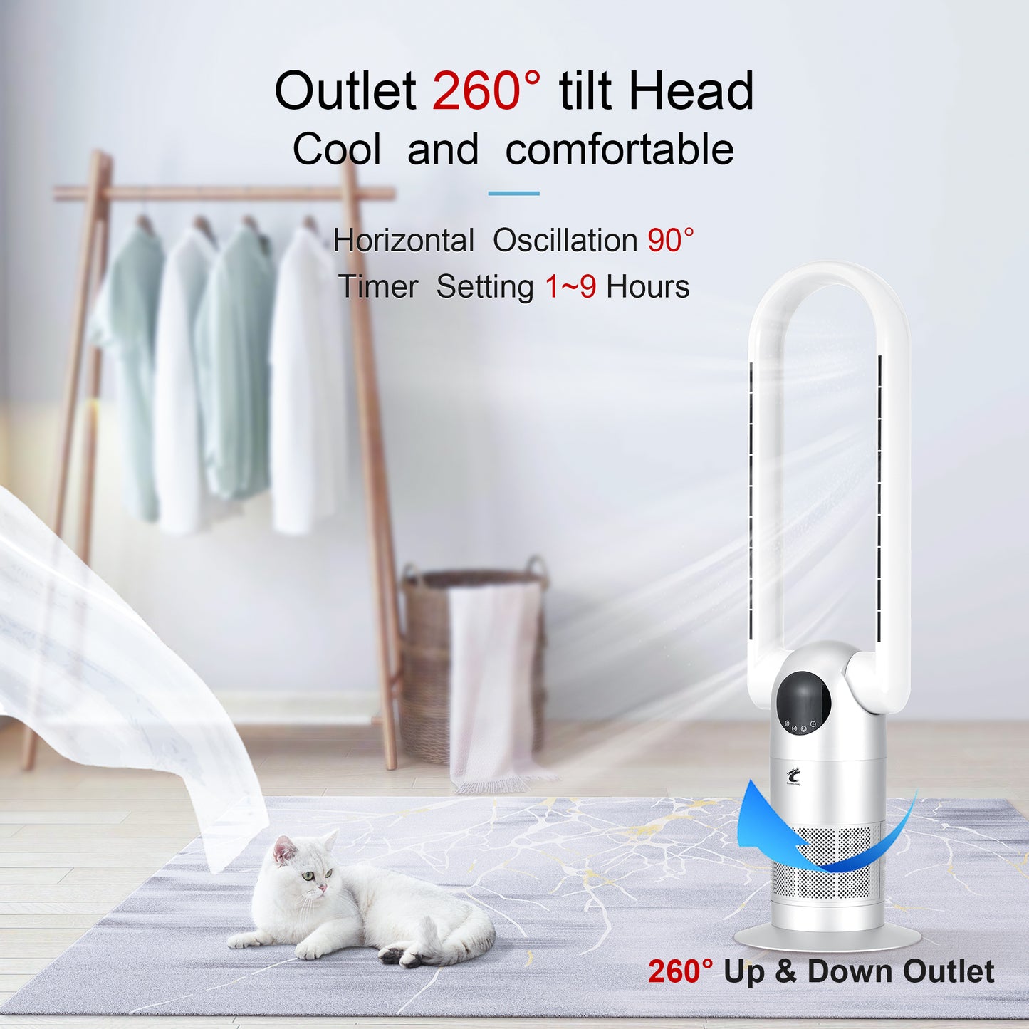 Ocean Loong Bladeless Tower Fan with Air Purifier - 120° Oscillating - Quiet Cooling Fan for Bedroom Home Office 9 Speeds 9Hs Timer - Remote Control - 39inch AC68P Silver