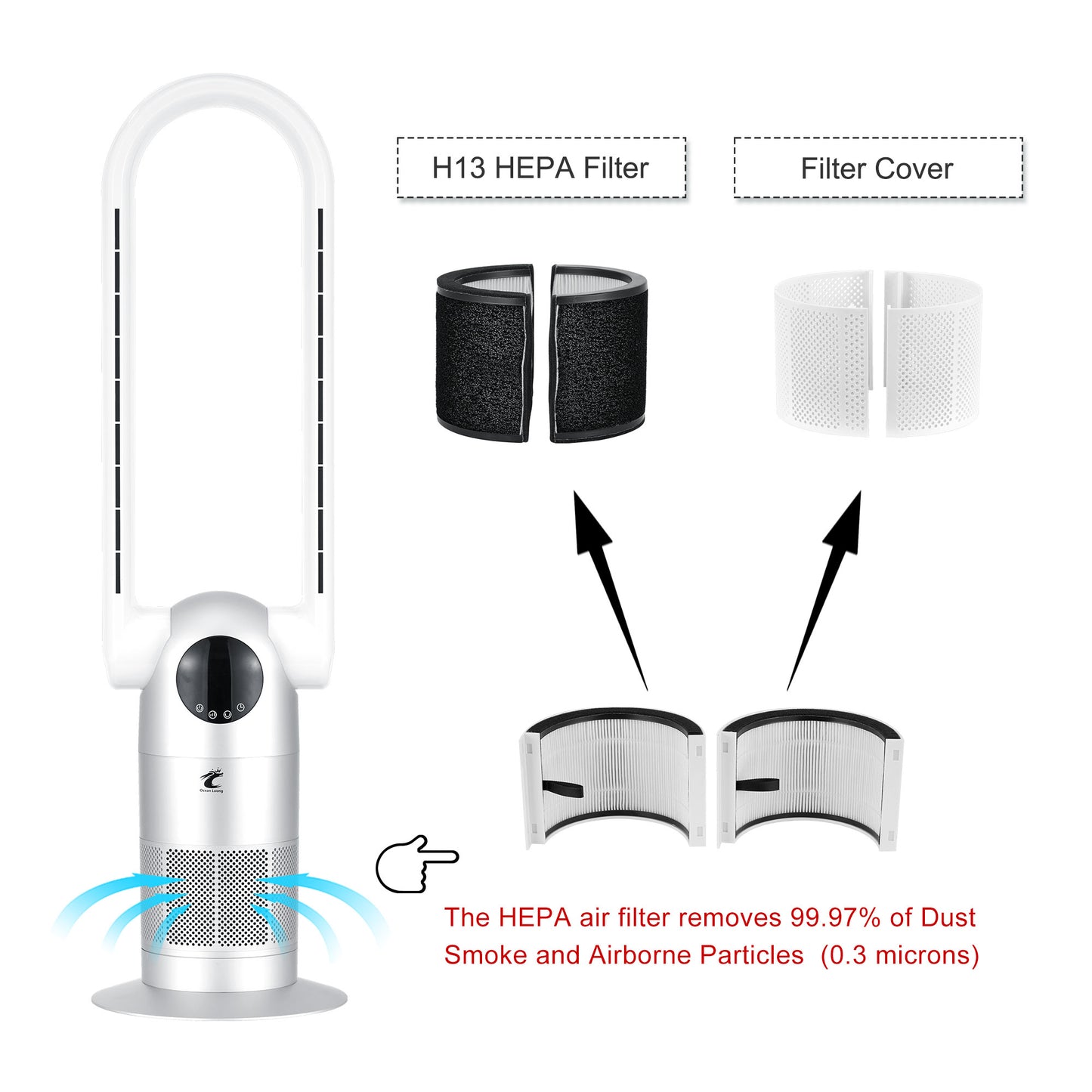 Ocean Loong Bladeless Tower Fan with Air Purifier - 120° Oscillating - Quiet Cooling Fan for Bedroom Home Office 9 Speeds 9Hs Timer - Remote Control - 39inch AC68P Silver