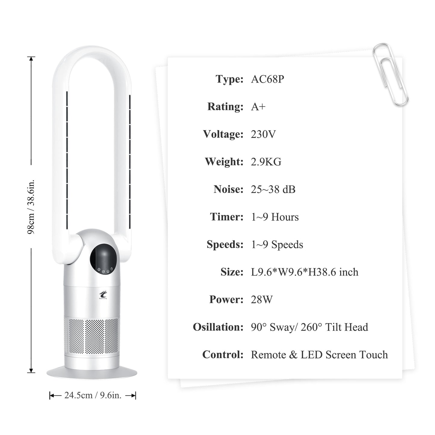 Ocean Loong Bladeless Tower Fan with Air Purifier - 120° Oscillating - Quiet Cooling Fan for Bedroom Home Office 9 Speeds 9Hs Timer - Remote Control - 39inch AC68P Silver